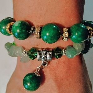 2pc Women's 7" Wrist Natural Green Jade & Adventurine Stretch Bracelets Set